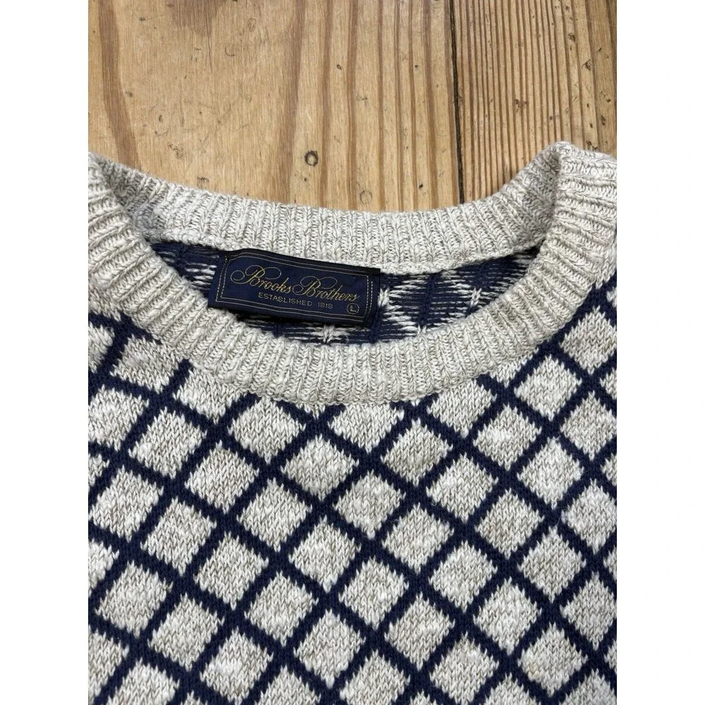 Vintage 80s Brooks Brothers Sweater Mens Large Diamond Grid USA Made Cotton Knit